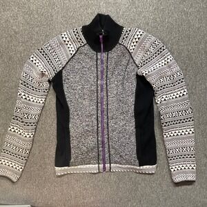 Title Nine Geometric Print Zip Up Jacket Womens Medium Merino Wool White Purple